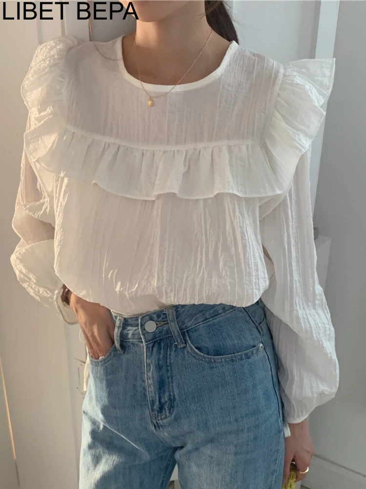 BL9867 New 2023 Elegant Lady Chic Sweet Ruffles Fashion French Style Lace Up Women Blouses Shirts Spring Summer Vintage Tops