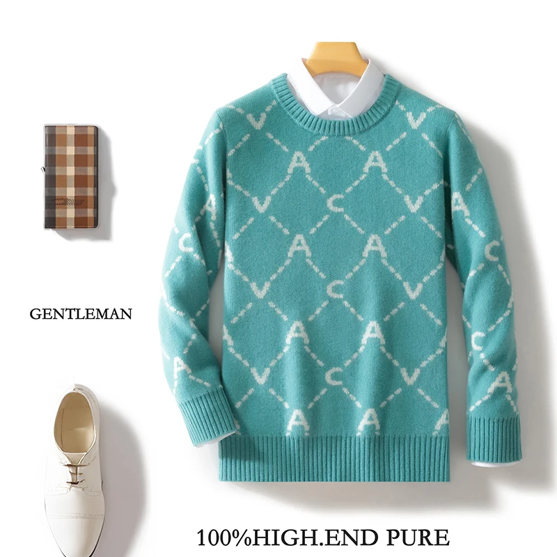 Autumn And Winter New Round Neck 100% Pure Wool Men's Color Matching Thick Sweater Loose Casual Knit Bottoming Shirt