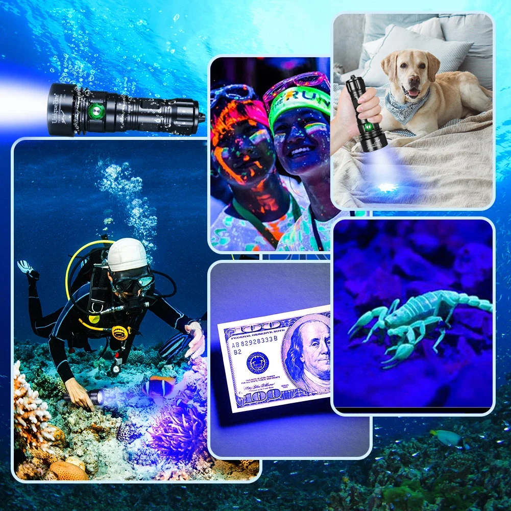 UniqueFire D03 UV Light Torch Diving LED Flashlight IPX8 Waterproof Light for Under Water Deep Sea Cave,Dog Pet Urine Stains