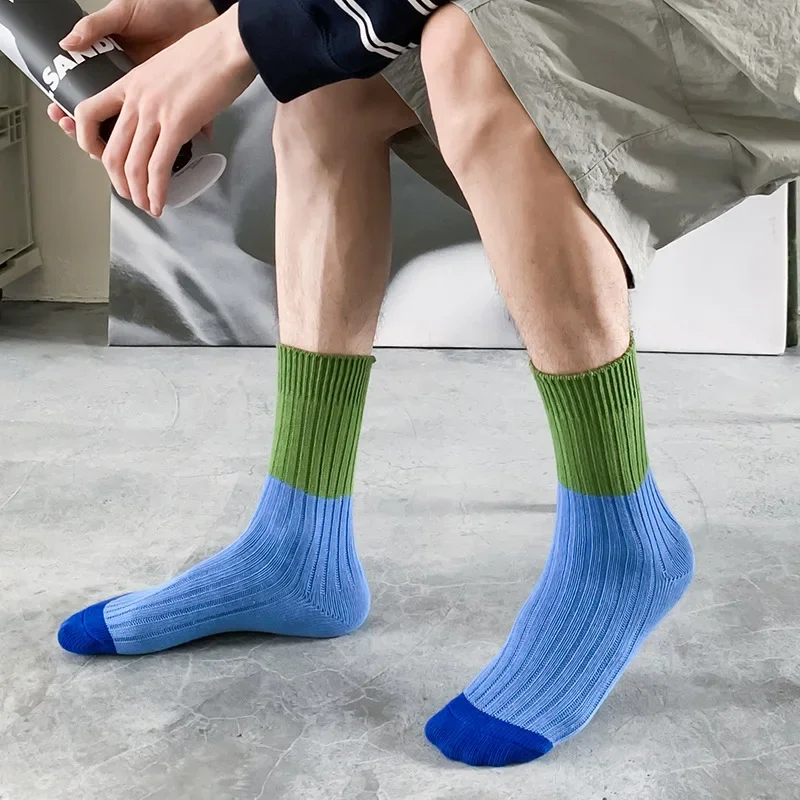 

1 пара повседневных носков с цветными блоками и толстой нитью для мужчин, осенне-весенние толстые однотонные хлопковые носки средней длины в стиле ретро