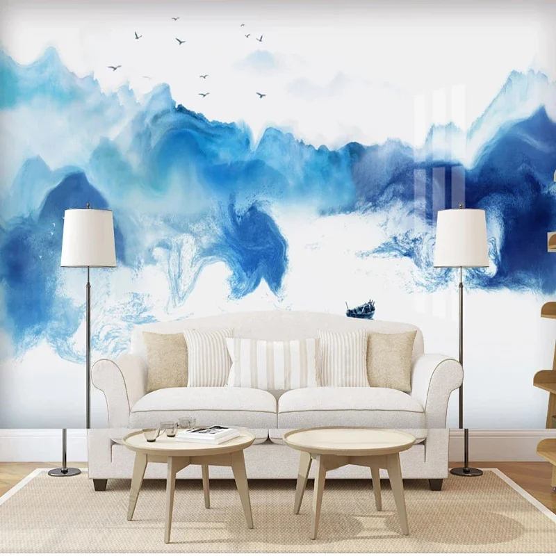 Chinese Style Blue Smoke Ink Landscape Mural 3D Wallpapers For Living Room TV Sofa Background Wall Cloth Decor Papel De Parede