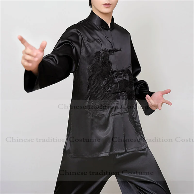 

Black Chinese Style Top Men Satin Tradition Kung Fu Martial Arts Outfit Taichi Costume Male Autumn New Hanfu Shirt Pants