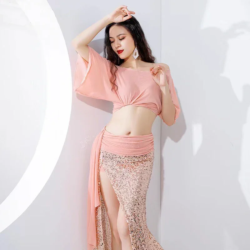 Belly Dance Practice Suit for Women Bellydancing Yarn Short Sleeves Top+Mermaid Sequin Skirt Oriental Dance Exercise Clothing