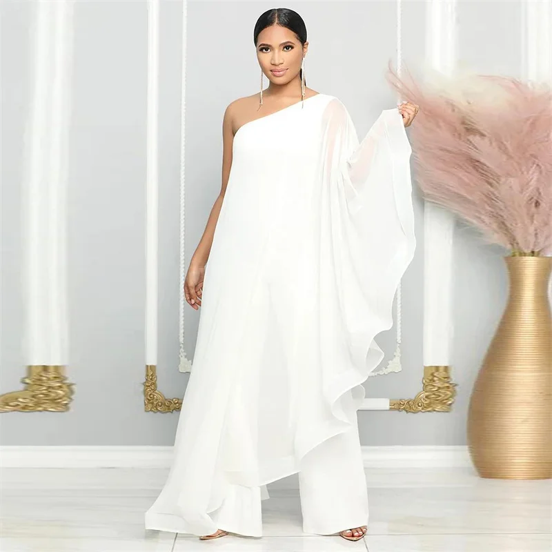 Elegancki szyfonowy kombinezon z jednym ramieniem i szerokimi nogawkami, damski strój na wieczorne przyjęcie, urodziny, jednoczęściowy romper, ogrodniczki, kombinacja damska.