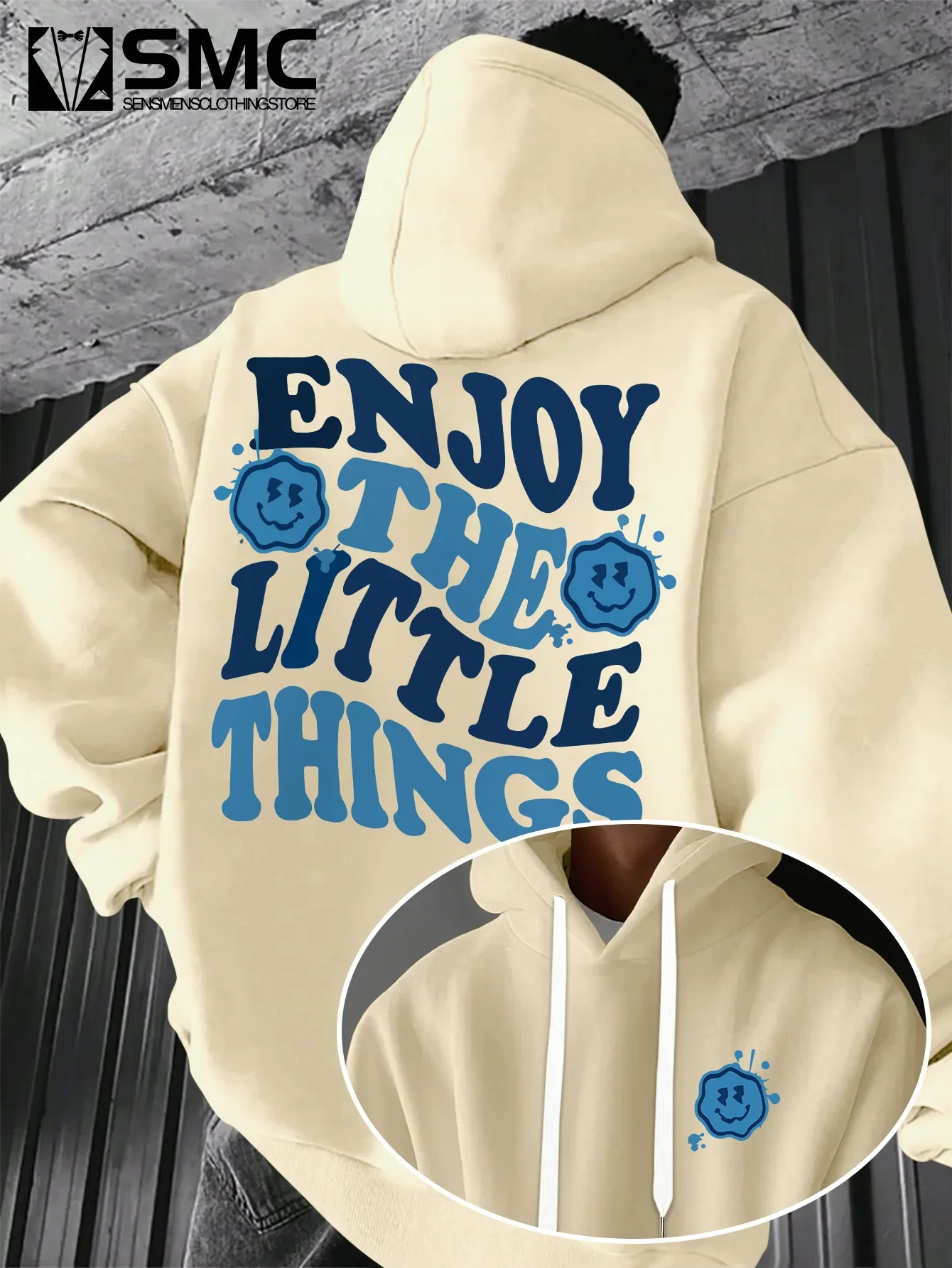 Men Positive Slogan Hoodie Loose Fit Enjoy The Little Things Smile Print Casual Pullover Street Sweatshirt Autumn Winter