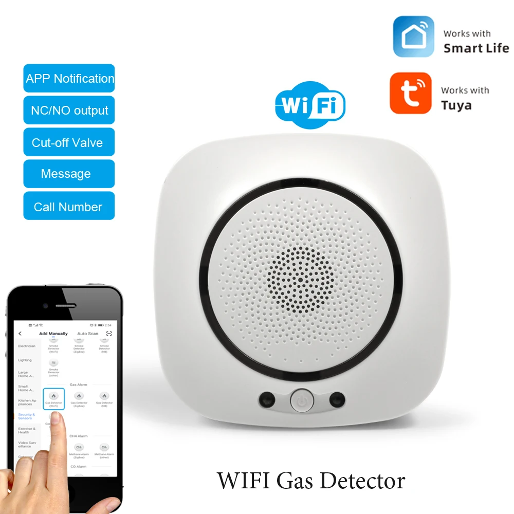 1Pcs Wall Mount Natural Gas Alarm Coal Gas Leak Detector With TUYA WIFI Wireless APP Notication Cut Off Solenoid Valve DN15 DN20