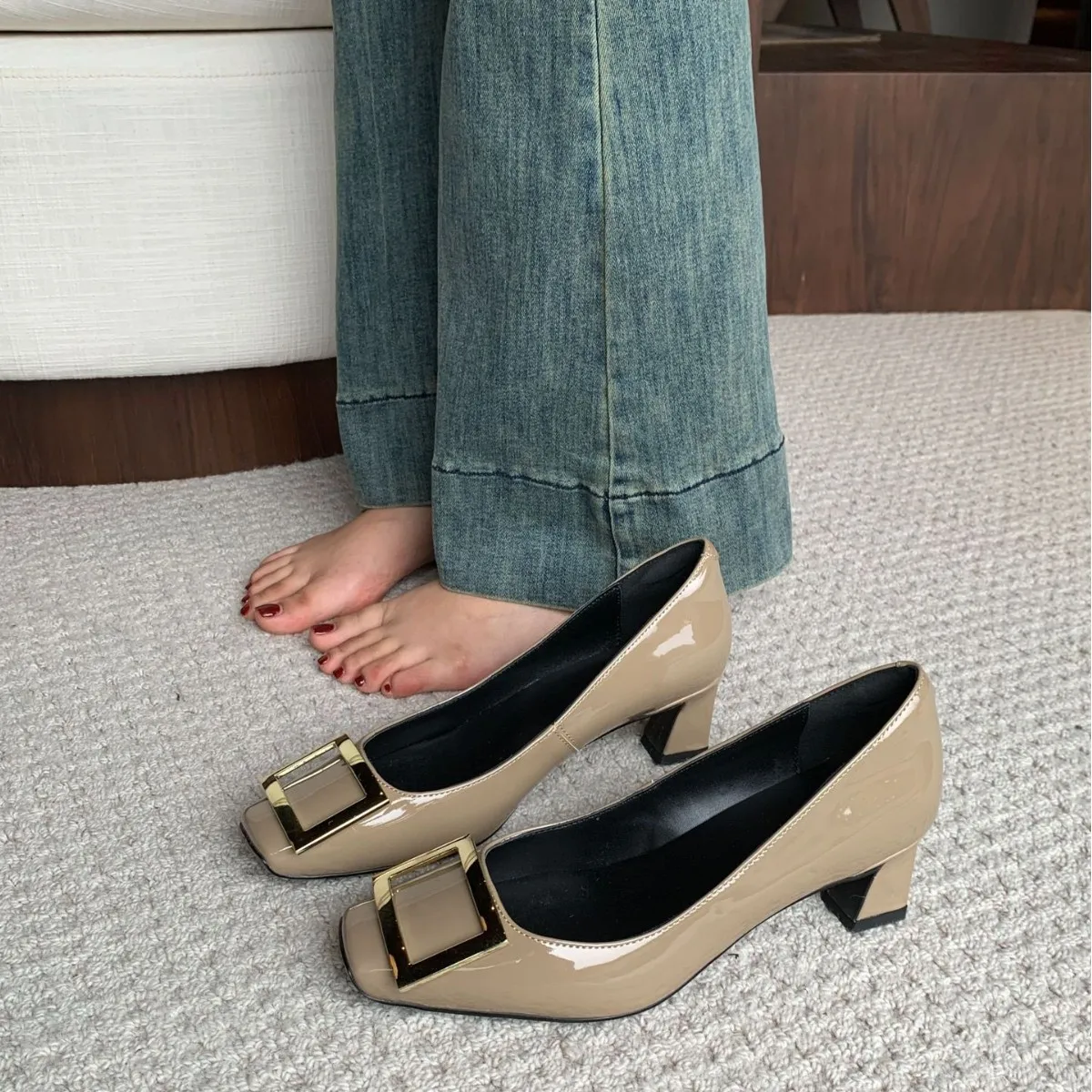 

Shallow Women's Shoes Square Toe Metal Buckle High Heels Genuine Leather Mid Size Follow-Up Shoes High Heels Commuting Shoes