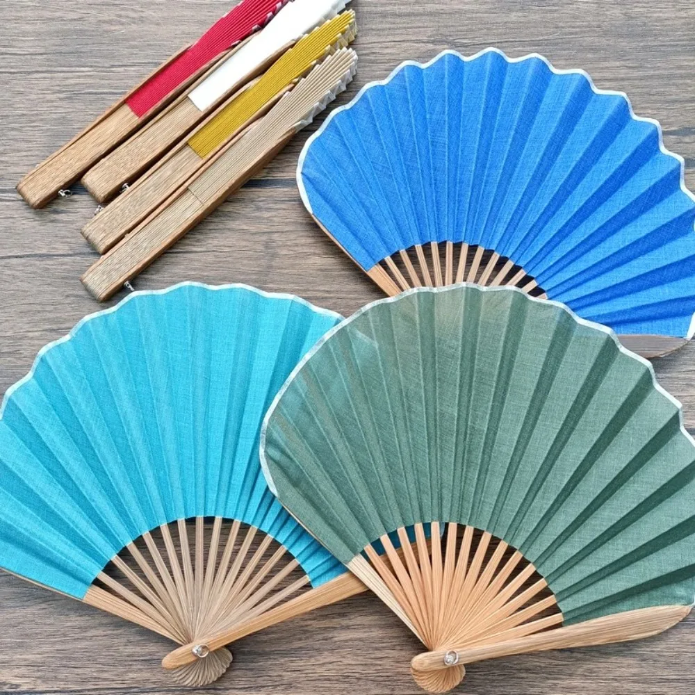 Cute Retro Mini Shell Fan Cotton Linen Cloth Solid Color Folding Hand Fan Chinese Gentle Handheld Fan Women's