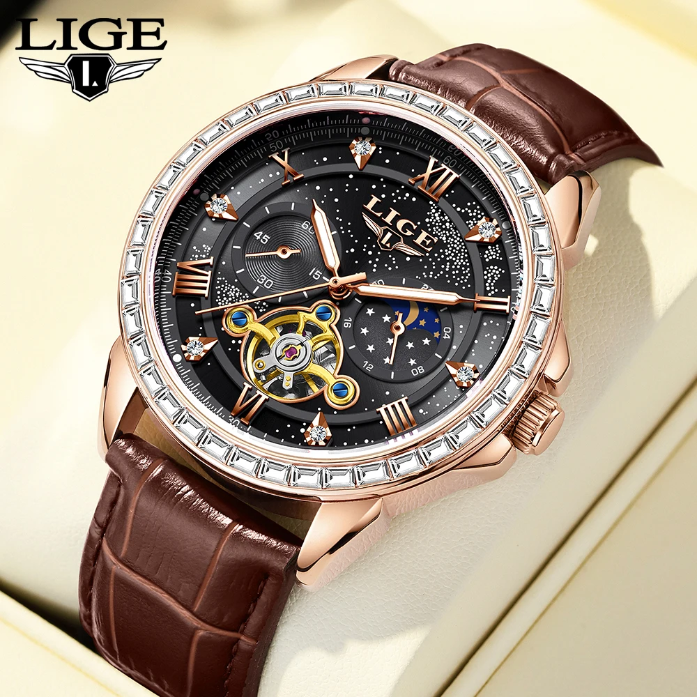 

New LIGE Business Waterproof Luxury Crystal Bezel Men Mechanical Watches Top Brand Watch For Men Moon Phase Automatic Wristwatch
