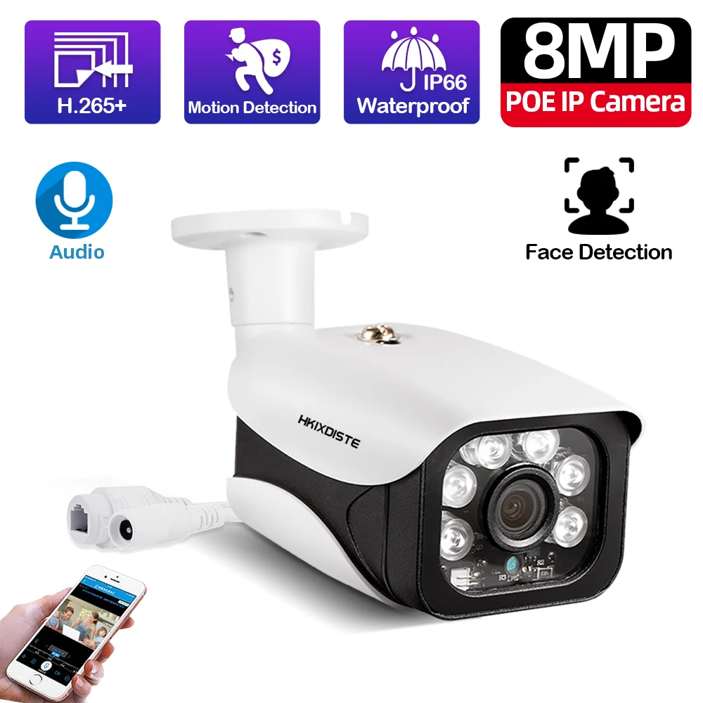 

Ai Face Detection POE IP Camera 4K Outdoor Night Vision POE CCTV Bullet Security Camera System 8MP XMEYE H.265 Monitoring IP Cam