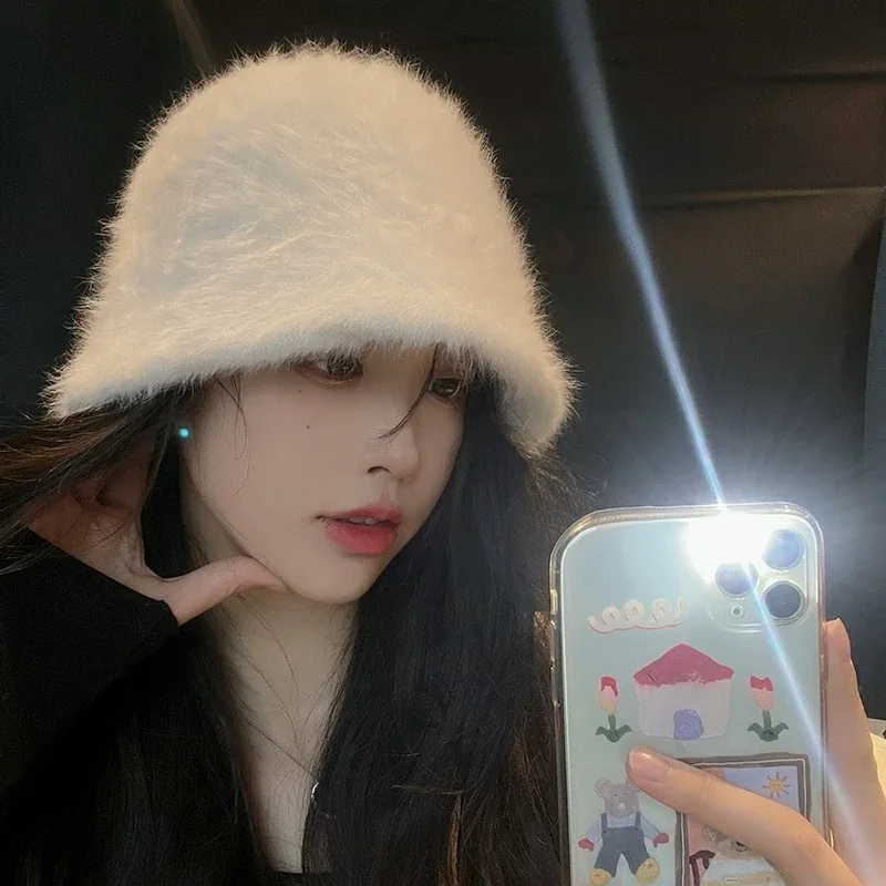 White Rabbit Fur Fisherman Hat for Women, Plush Bucket Hat, All-Match, Big Head Circumference, Small Face-Looking Small Hat