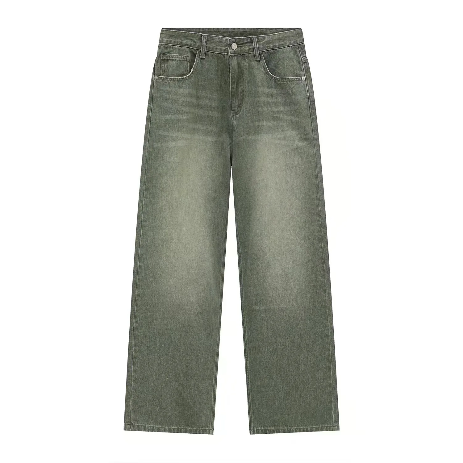Korean Retro Green Wash Craft Jeans, Men's Four Seasons Fashion Loose Straight Wide-leg Pants, Casual Washed Floor-length Jeans