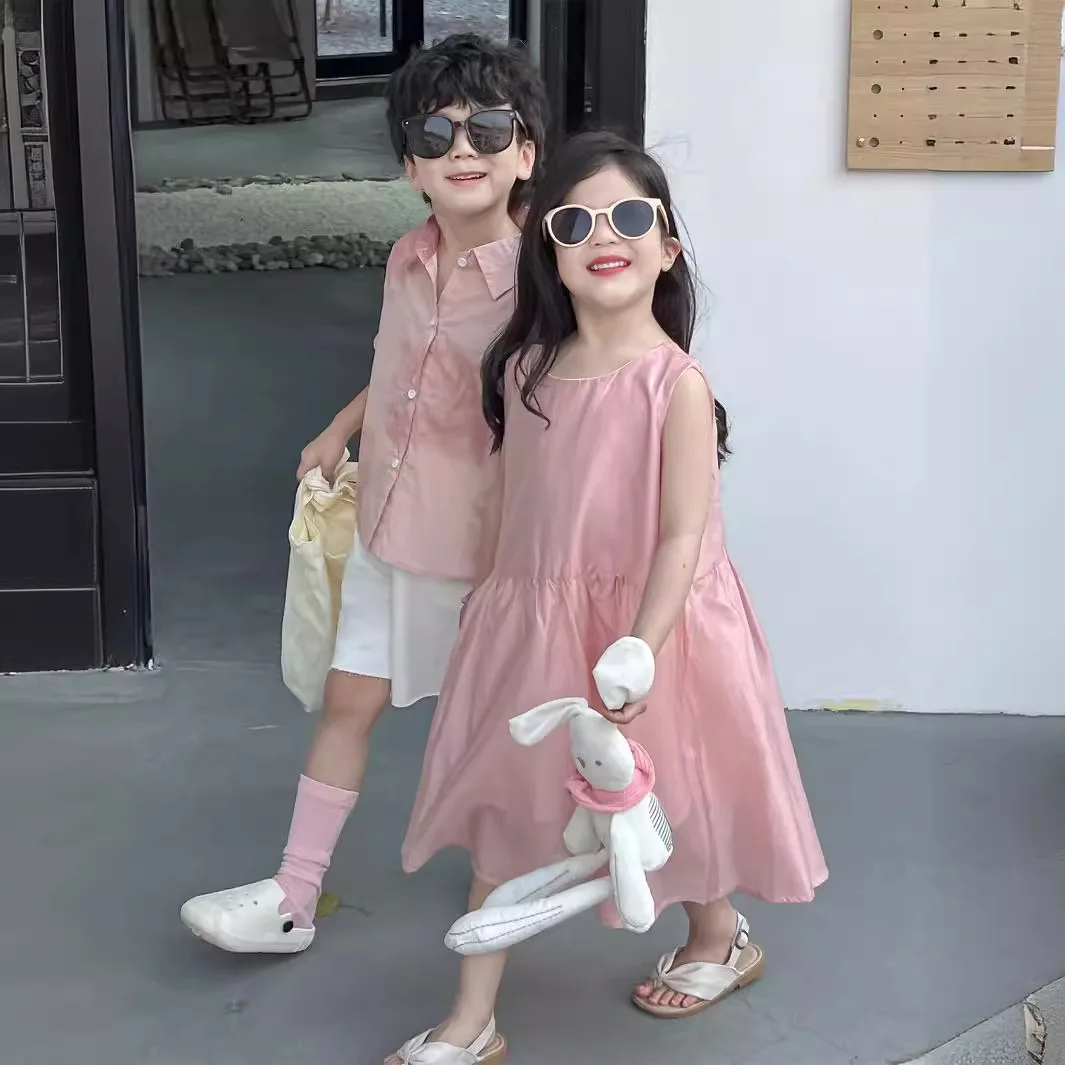 Brother and Sister Matching Pink Clothes Twins Toddler Clothing Girls Sleeveless Dress Boys Shirts + Shorts Two Piece Outfit Set