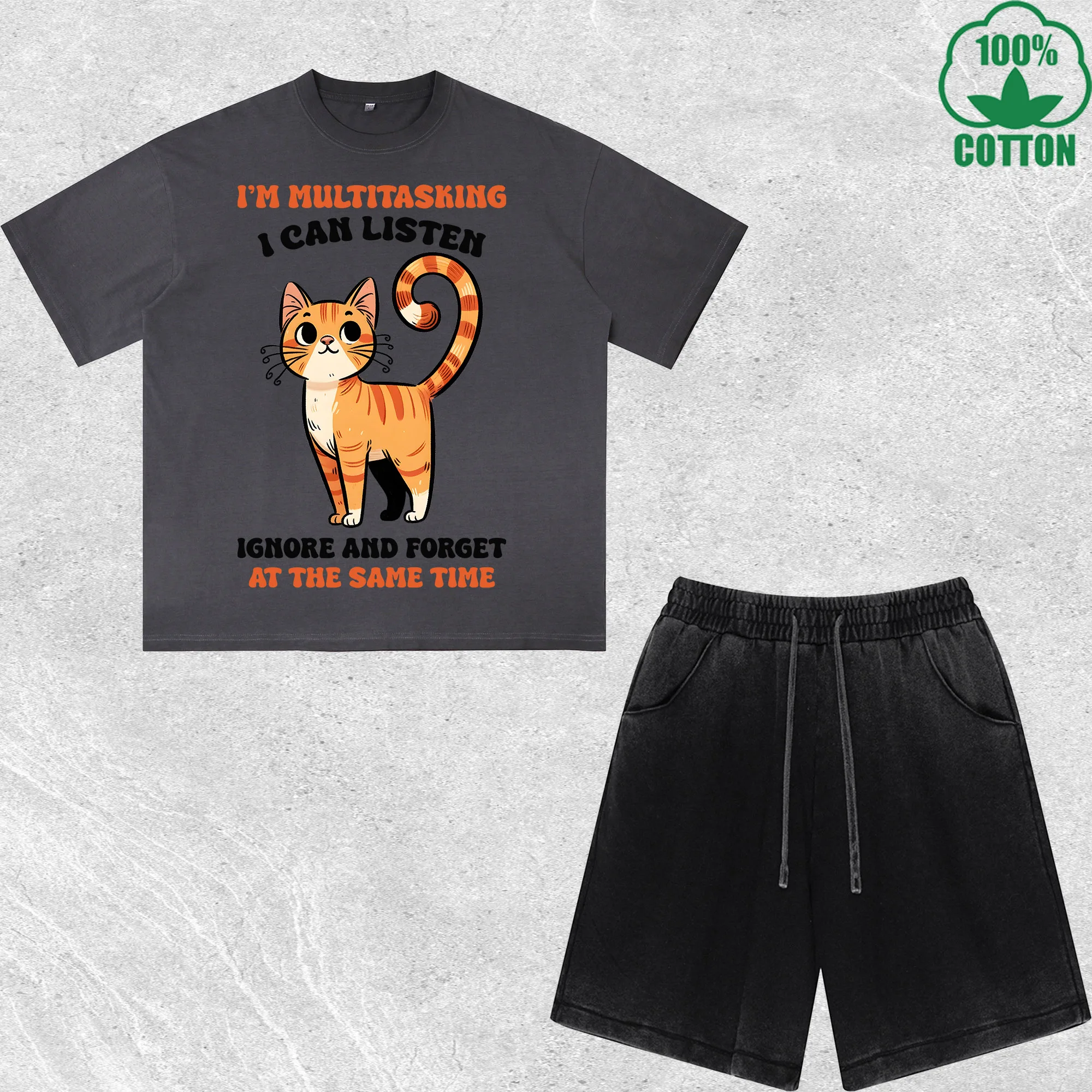 

Interesting Forgetful Cat Printed Dirty Wash T-Shirt Shorts Set Combo Loose Trendy Fashionable 100%Cotton Black Suit