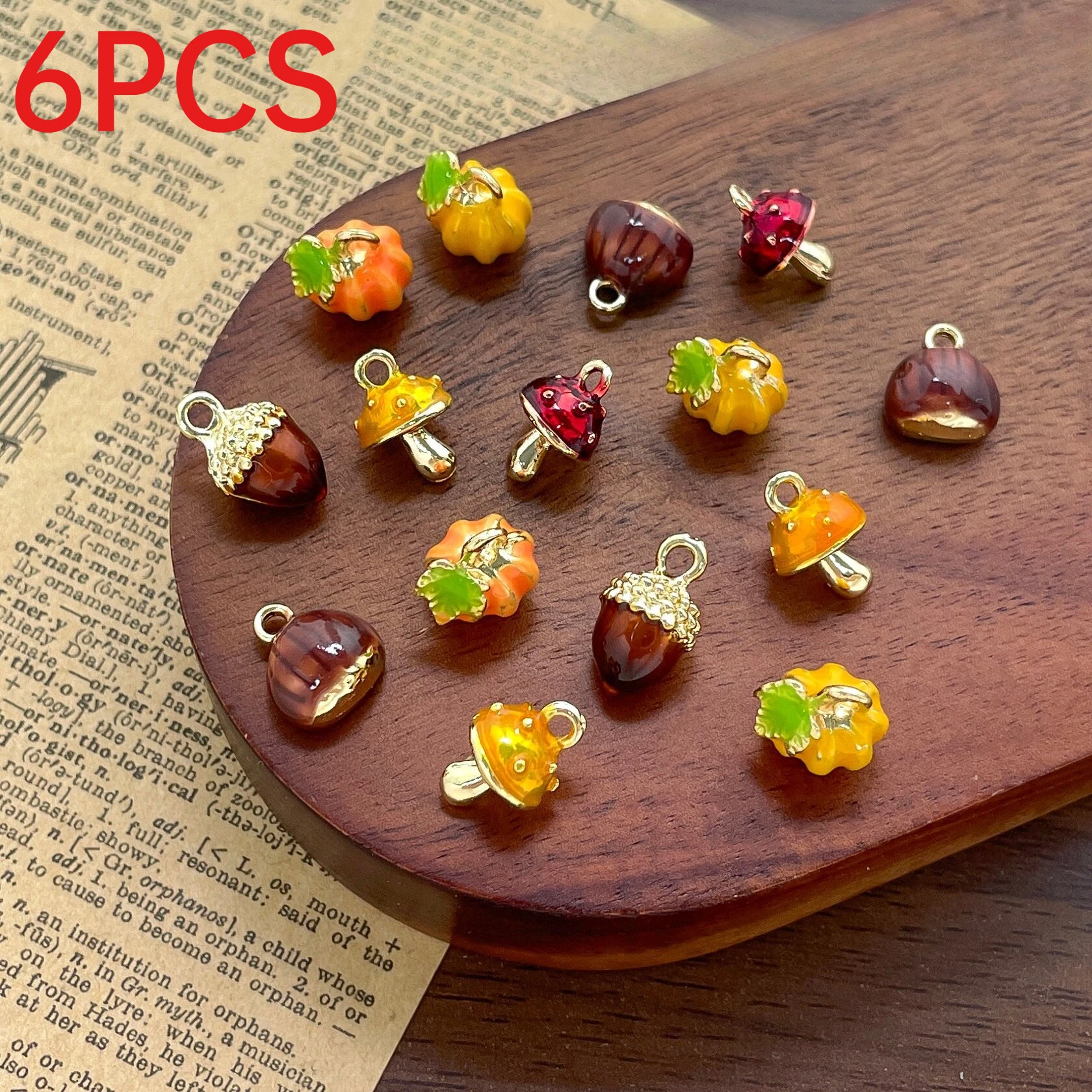 6Pcs Autumn Mini 3D Fruit Alloy Charms Pinecone Pumpkin Mushroom Chestnut Pendants DIY Necklace Making Supplies