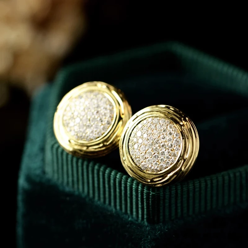 Huitan Stylish Elegant Round Shape Stud Earrings Lady Engagement Accessories Gold Color Brilliant Zirconia Jewelry for Women