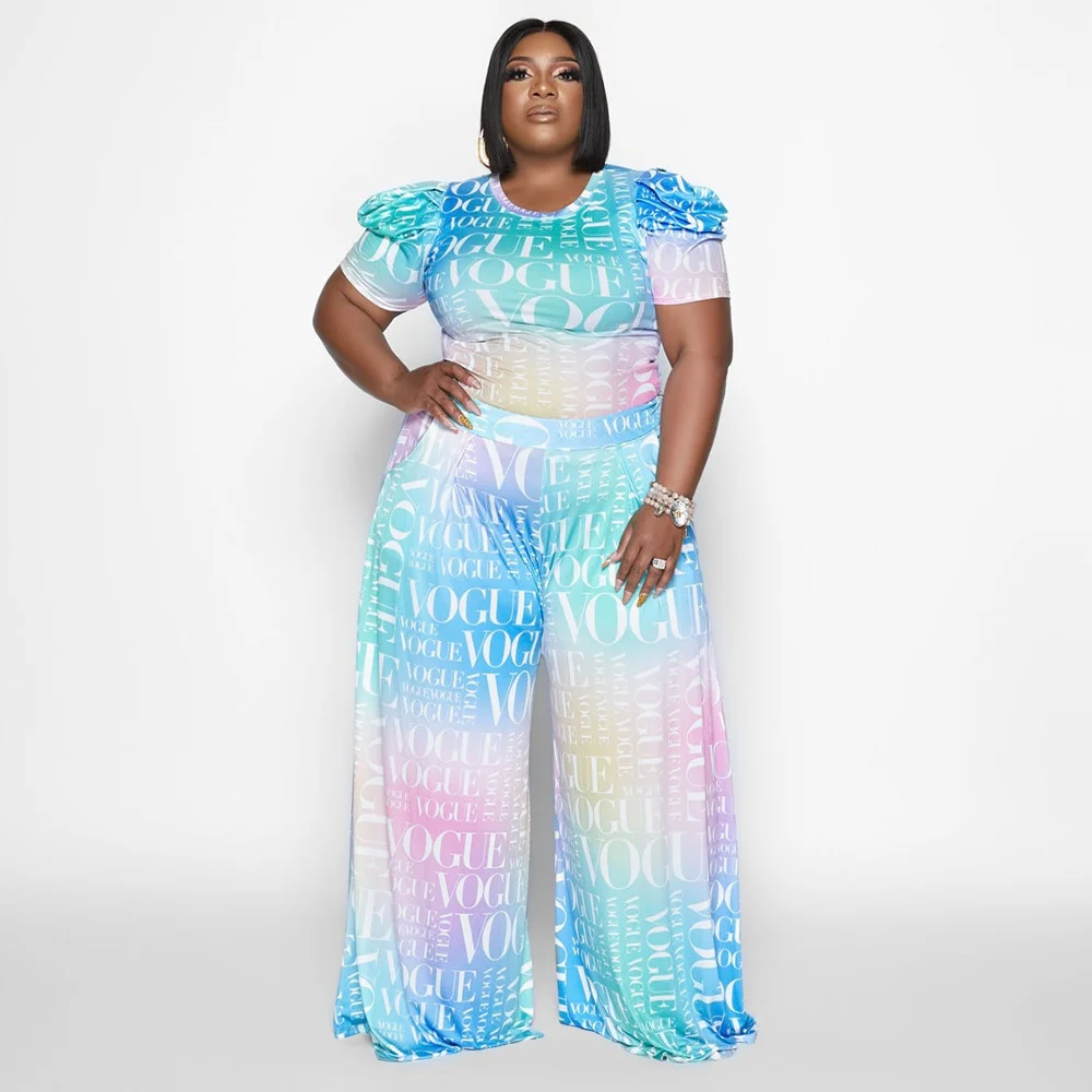 Plus Size Sets L-4XL Casual Tie Dye Printed Two Piece Set Summer Puff Sleeve Top Wide Leg Pants 2 Piece Steetwear Clothings 2023