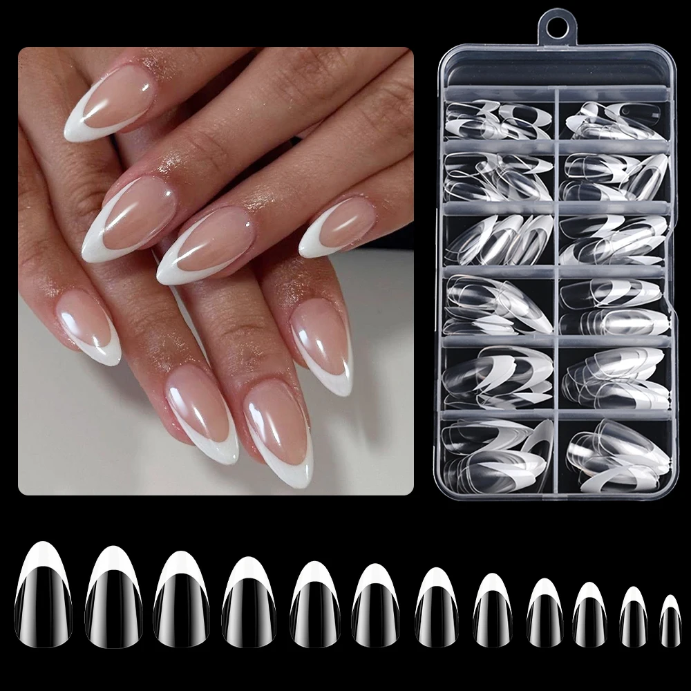 120個入り/箱 アクリル製つけ爪 ホワイト アーモンド型 ネイルチップ フルカバー 取り外し可能 混合サイズ プレスオンネイル