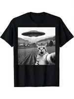 UFO and Cat Pattern Print Tshirt Women Men Summer Casual Loose Humorous Round Neck Short Sleeve Oversize Top Tshirt Unisex