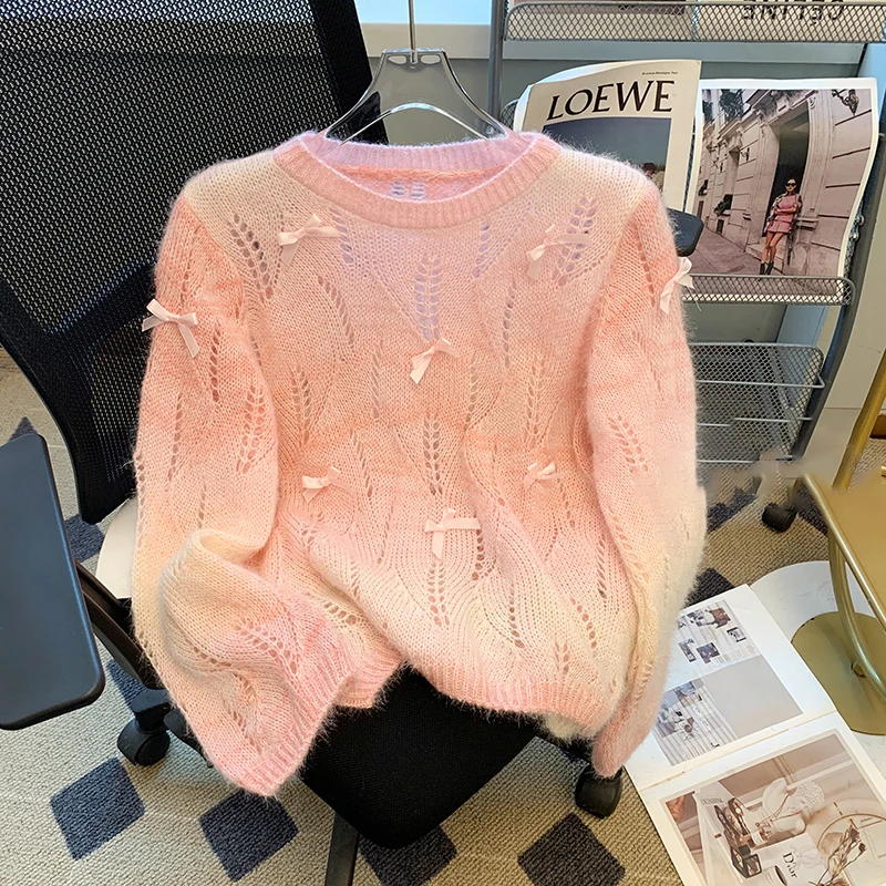 Gradient Color Knitted Sweater Women Spring Autumn Sweet Gentle Hollow Out Bow Soft Comfortable Pullovers Fashion Female Clothes