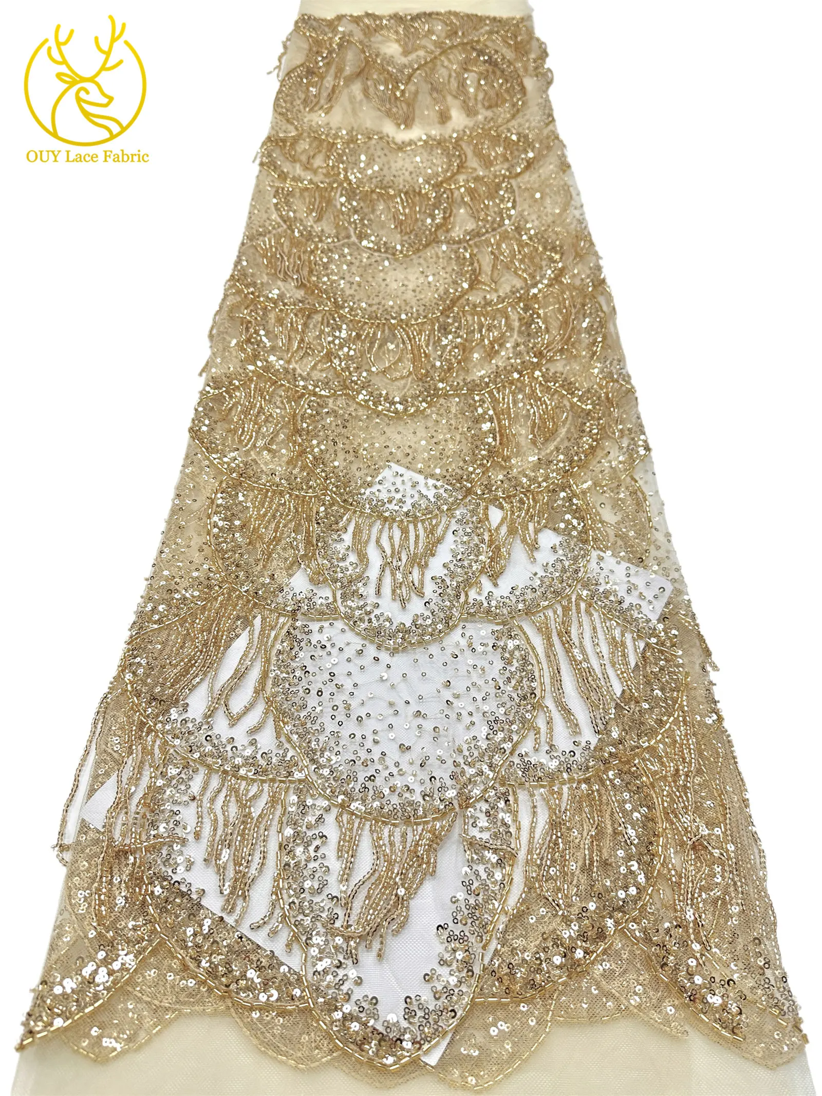 Goldene Luxus 3D Perlen-Spitze Nigerianischer Tüll-Netzstoff 2026 Hochwertige Afrikanische Spitze für Abendkleider und Hochzeitskleider zum Nähen – Detail 15