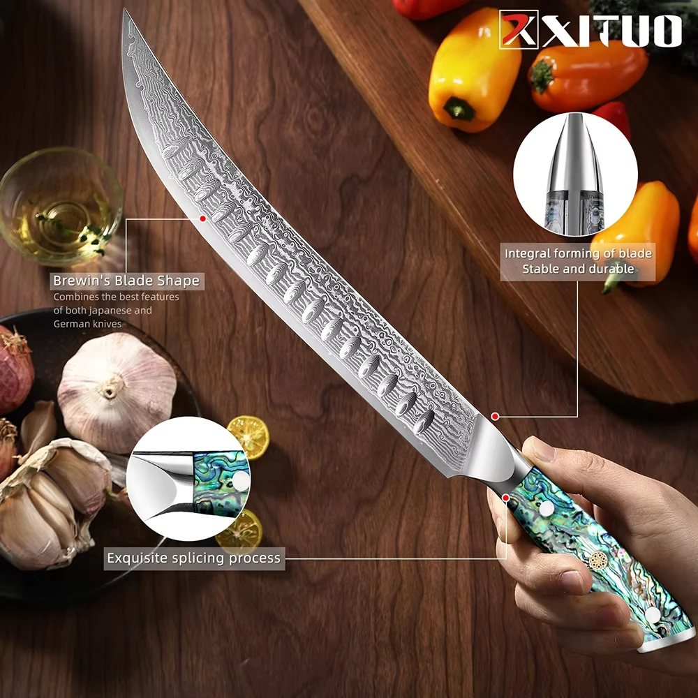

Damascus Ham knife Japan VG-10 Steel Brisket Slicing Knife Kitchen Knife Dazzling Abalone Shell Handle Sharp Slicer Bread Knife