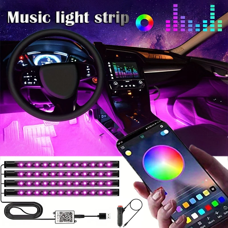 LED Car Music Light Strip 48LEDs USB Smart Bluetooth APP Control Waterproof Multi-color RGB Car Interior Atmosphere Light Strip