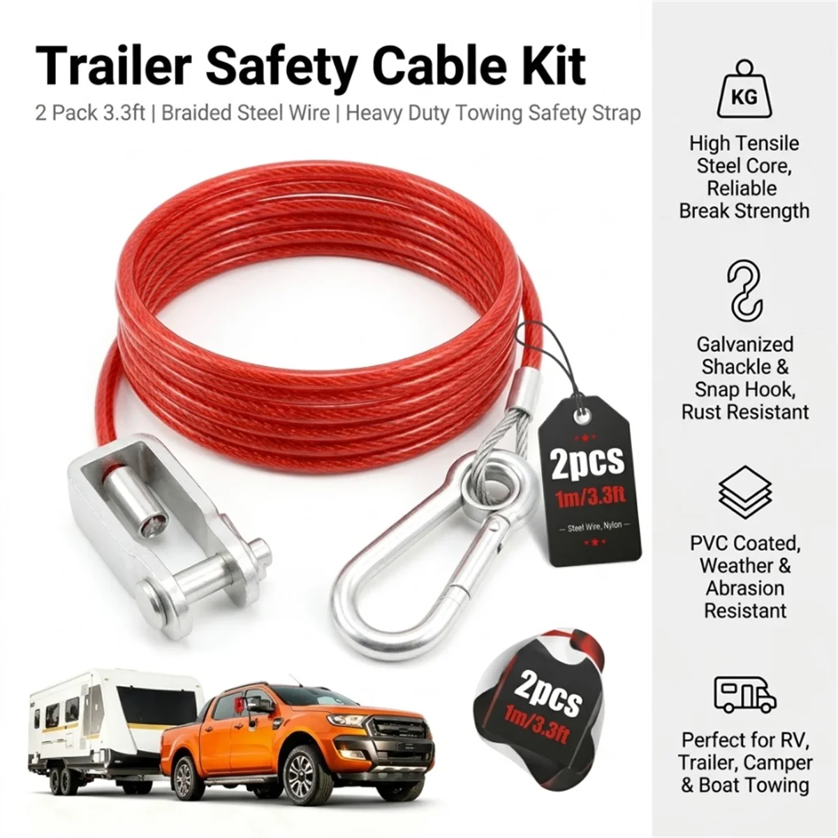 2Pcs 3.3ft Trailer Breakaway Cable Safety Rope Red Nylon Coated Steel Wire With U-Ring Carabiner For RV Boat Towing Accessories