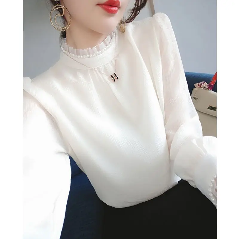 Elegant Ruffled Neck Folds Beading Blouses Women\'s Clothing 2023 Autumn Winter Loose Korean Pullovers Princess Sleeve Shirts