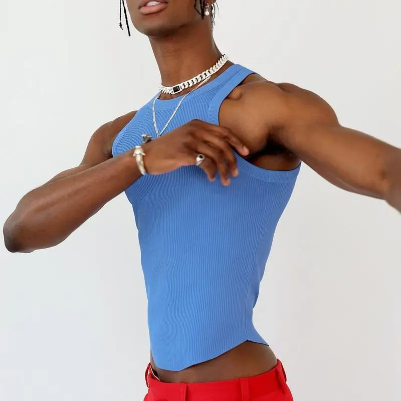 New Irregular Design Solid Color Tight Top Men's Casual Elastic Knitted Sleeveless I-shaped Vest
