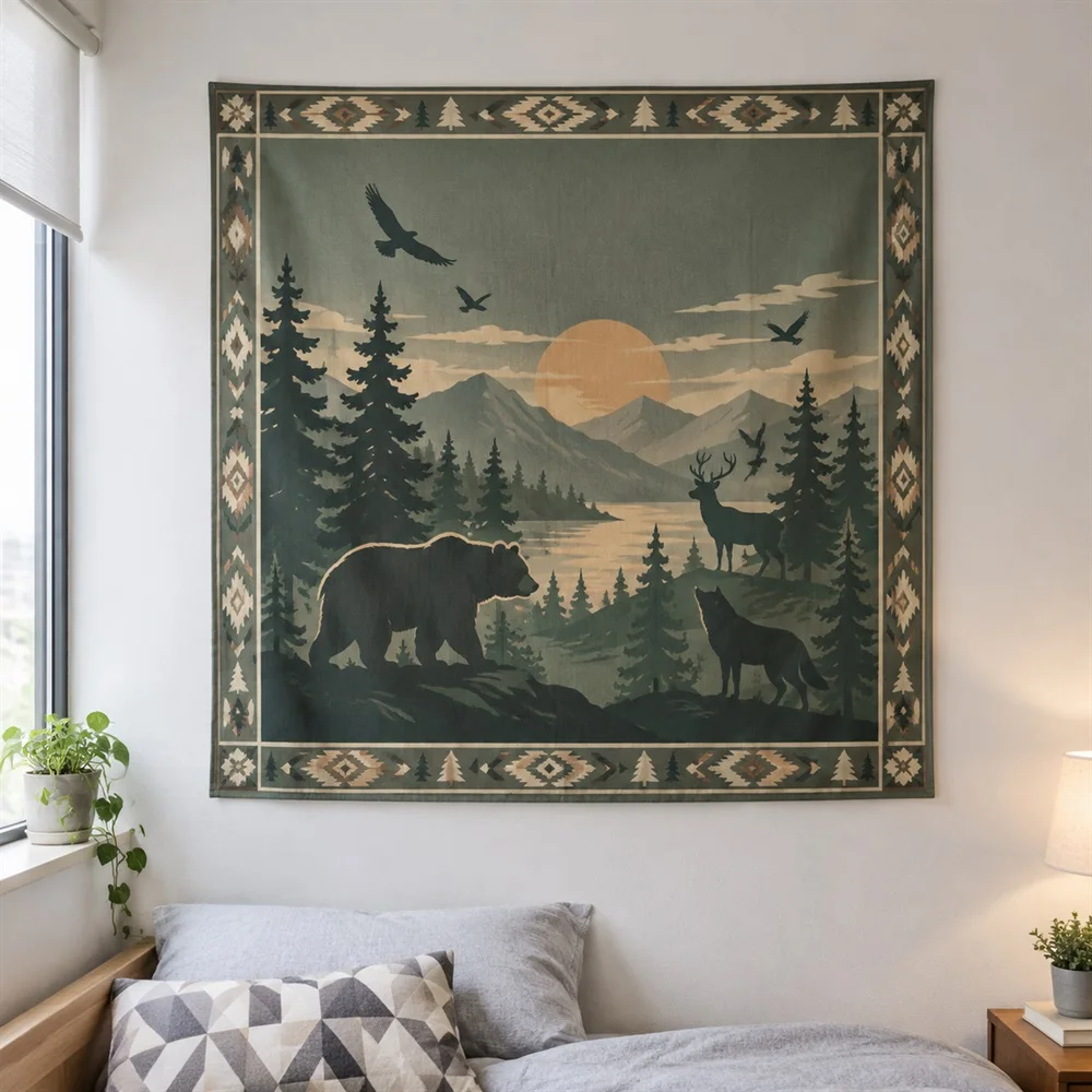VIKAMA Wildlife Silhouette Tapestry Wall Hanging, Forest Bear Deer Wall Art, Cabin Decor for Living Room Bedroom Office Entryway