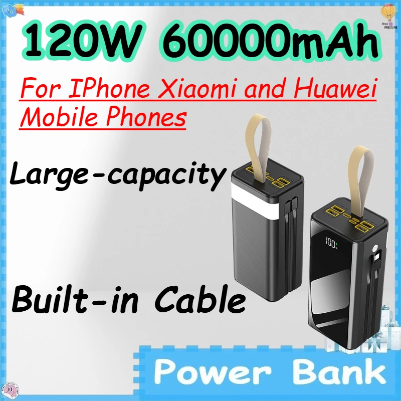

120W 60000mAh Power Bank with Built-in Cable for IPhone Xiaomi and Huawei Mobile Phones Large-capacity Outdoor Powerbank