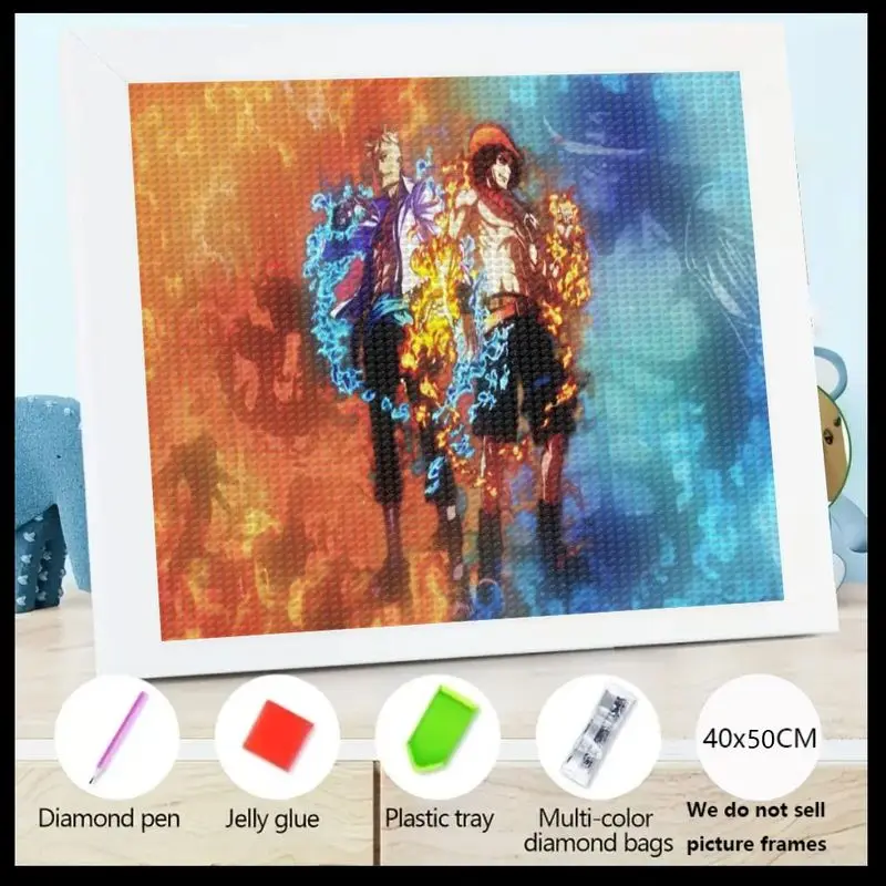 

1PC 5D DIY Full Drill Diamond Painting Kit, Anime One Piece Ace & Sabo Fire & Blue Flame Theme, Large 40x50CM Crystal Rhinestone