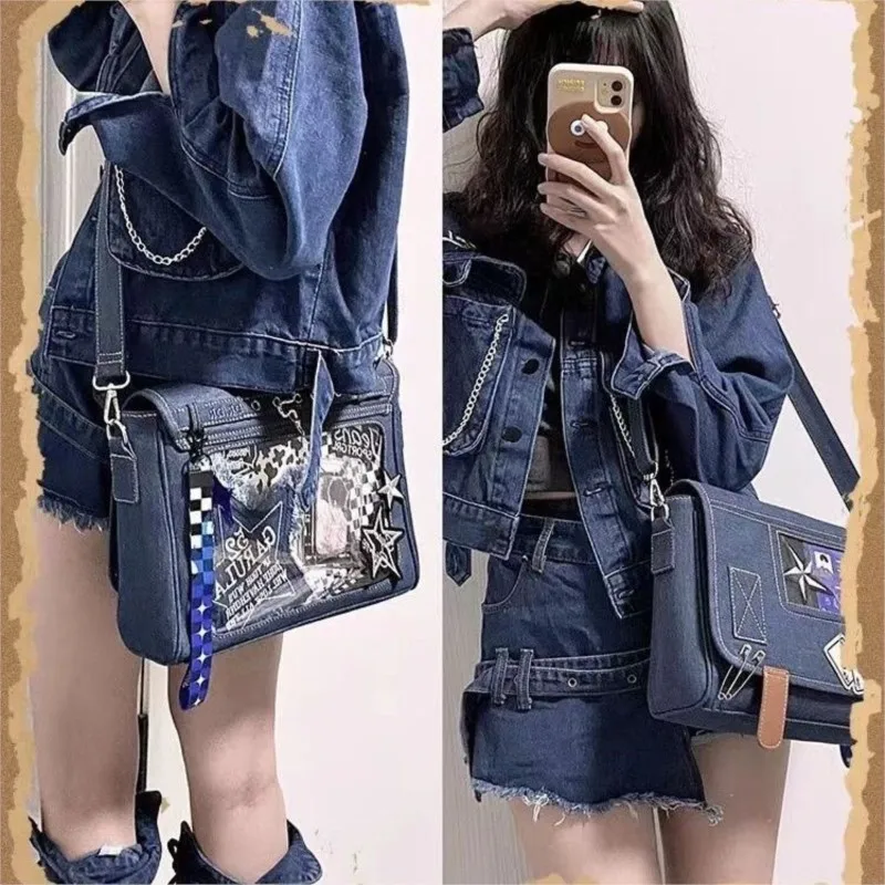 Imagem -06 - Jiaerdi-bolsa de Mensageiro Denim Japonês para Mulheres Harajuku Transparente Ita Bolsas Bolsa Feminina Azul Casual Crossbody Bolsas Novo