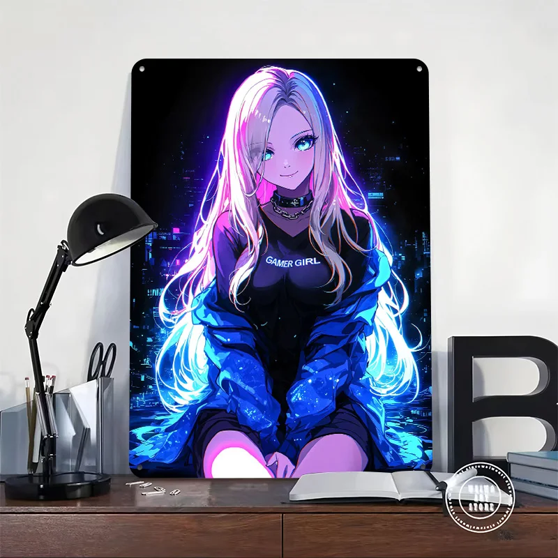 Gamer Girl Anime Glow Poster Customized Vintage Metal Signs Wall Art Retro Tin Plaque for Mancave Home Decor Living Room Items