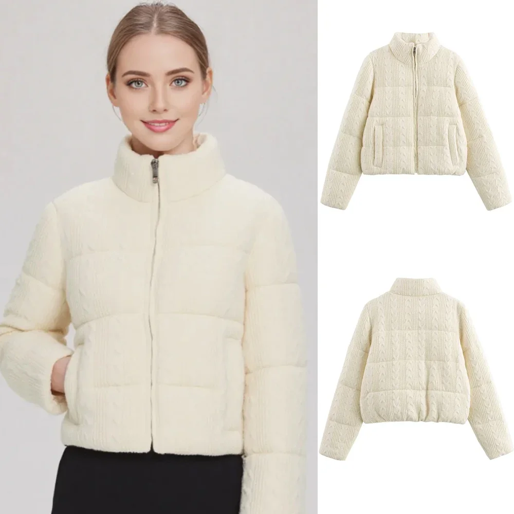 

Autumn/Winter Thick Jacket Coat Women's Zipper Full Sleeve Parka Jacket Women's High Collar Breadwear Cotton Snow Parka Knitted