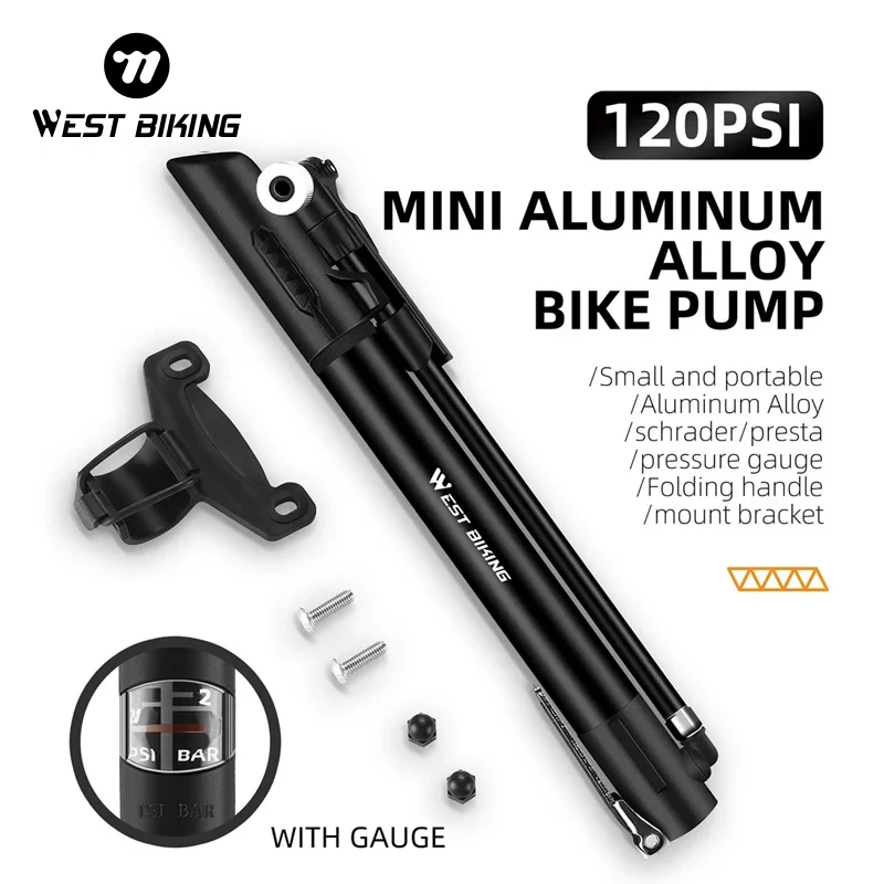 

WEST BIKING Bicycle Pump 120 PSI Mini Aluminum Alloy Bike Pump Portable Schrader Presta Valve Inflator MTB Road Bike Hand Pump