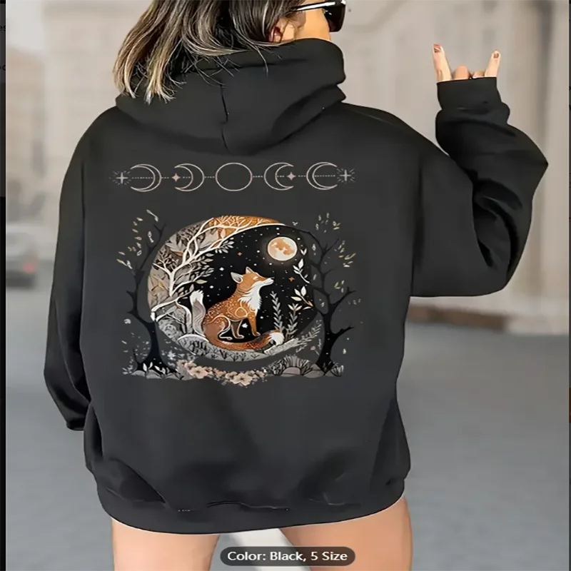 

Women's Black Hoodie with Moon Phase Fox Graphic Print Oversized Fit Drawstring Hooded Sweatshirt Casual Bohemian Style Wear