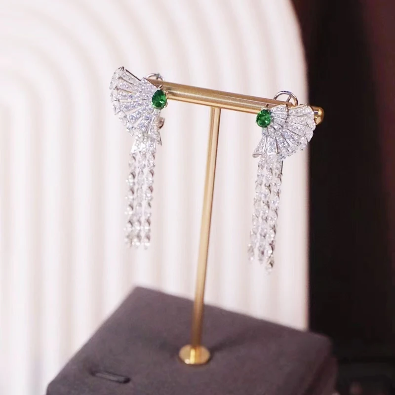 Green Zircon Earring For Women Fine Jewelry Tassel Style 925Sterling Silver With Cubic Zirconia Female Gift