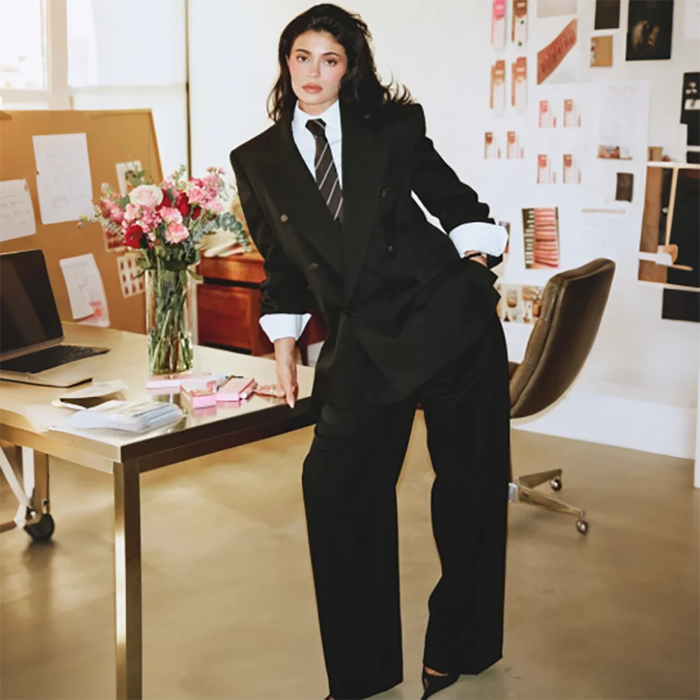 Casual Women Black Oversized Double Breasted Suit 2 Piece Blazer Wide Leg Pants Set Elegant Office Wedding Formal Female Outfit