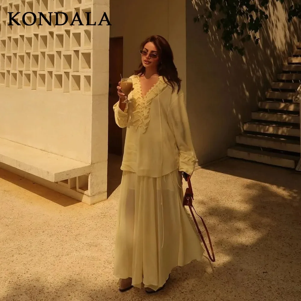 KONDALA 2025 الربيع الصيف عادية زبدة الأصفر النساء الدعاوى موضة الخامس الرقبة Ruched رقيقة قمصان شيك الرباط فضفاض سيدة التنانير