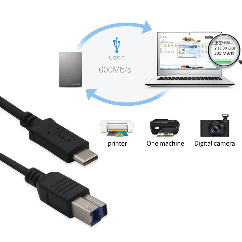 1M 2M Type-C To Type B USB 3.0 2.0 Data Cable Compatible With USB-C Laptop HP Canon Brother Epson Dell Samsung Printer Scanner