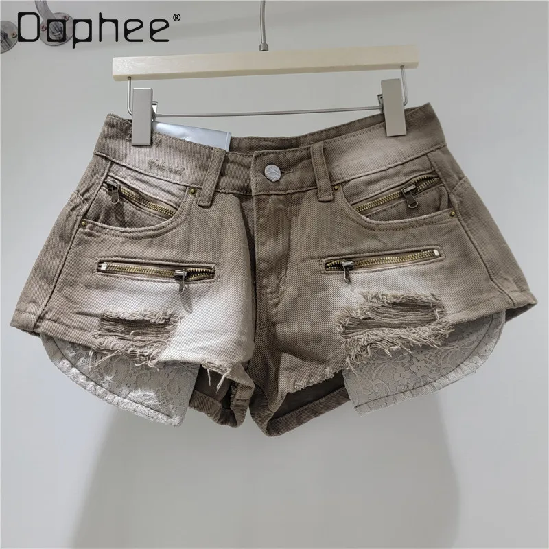 

High Street Retro Design Low Waist Spice Girl Hot Pants Pocket Splicing Lace Denim Shorts for Women Denim Shorts