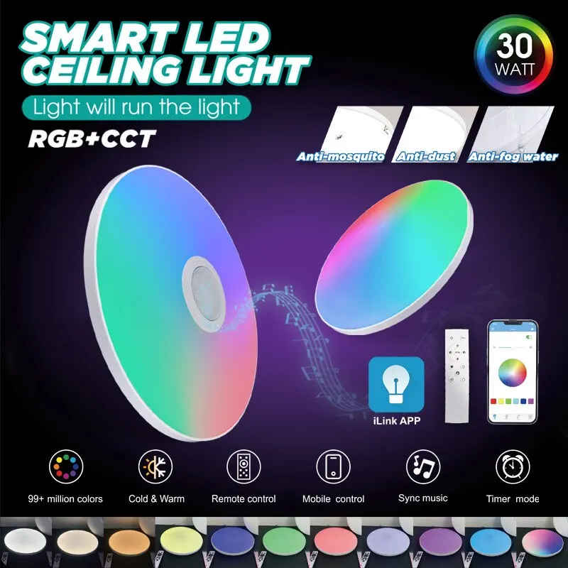 New RGB Colorful LED Round Ceiling Light Smart APP Dimmable Tri-proof Light With Speaker for Bedroom Kitchen Living Room Party
