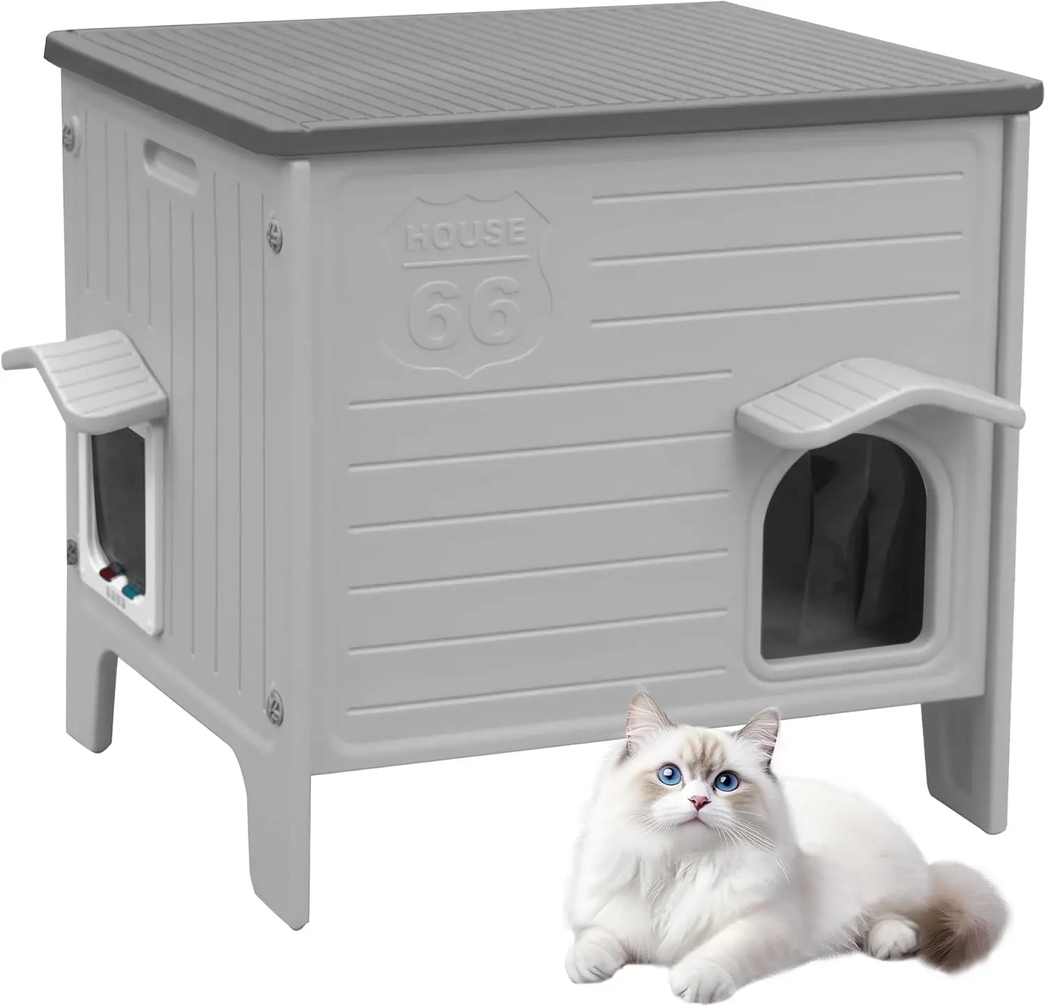 

Outdoor Weatherproof Cat House with Escape Door, Waterproof Pet Shelter for Cats, Puppies, Rabbits in Grey