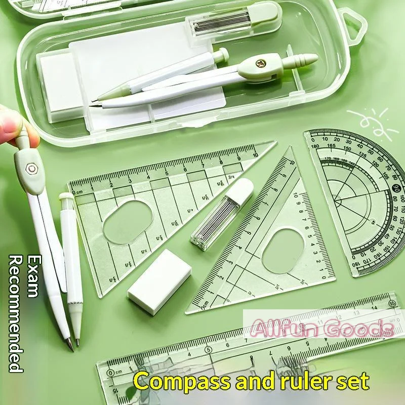 8PCS/Set Plastic Ruler Compasses Set Eraser Transparent Protractor Set Square Straight Ruler Measuring Ruler School Office
