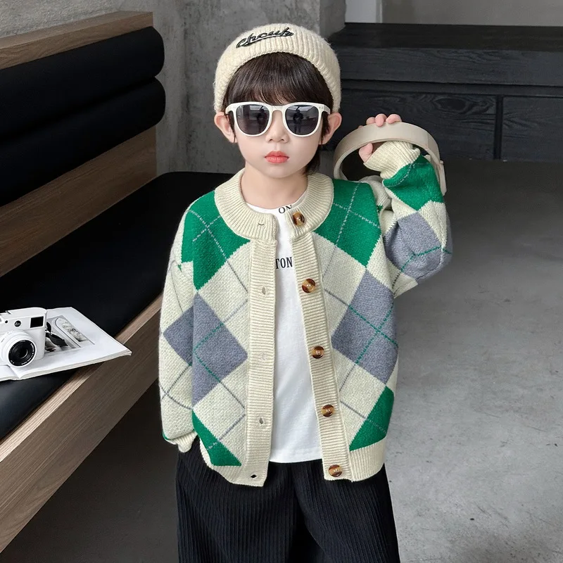 Autumn winter Boys Clothes Casual Cardigan diamond check Boys Soft Coats Children Sweaters kids Knit Jackets Full Sleeve 2-10Yrs