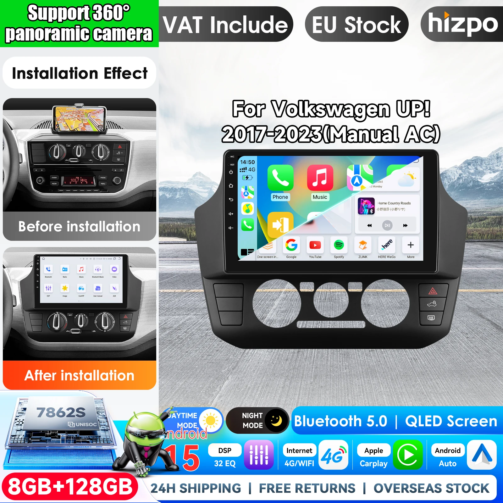 Hizpo 9 pollici 2 Din Android 16 per VW Volkswagen UP A/C manuale 2017 2018 2019 - 2023 Radio multimediale AndroidAuto CarPlay Navigazione GPS 4G BT WiFi FM AM DSP RDS Display touch Airplay Lettore
