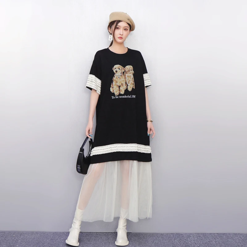 2025 sommer Neue Elegante Frauen Lose Oansatz Mesh Gedruckt T-shirts Lange Kleider Damen Kurzarm Kleid Großhandel J1228