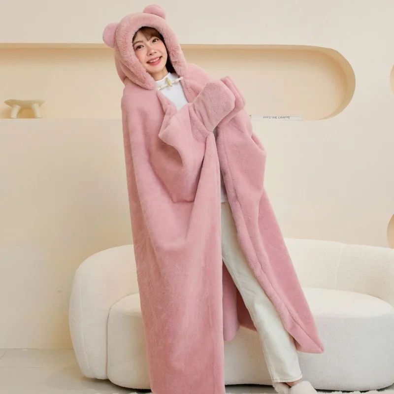 Bear Ear Hooded Wearable Blanket with Sleeves, Fluffy Plush Cape Throw, Cute Cartoon Bear Shawl Blanket for Lounging